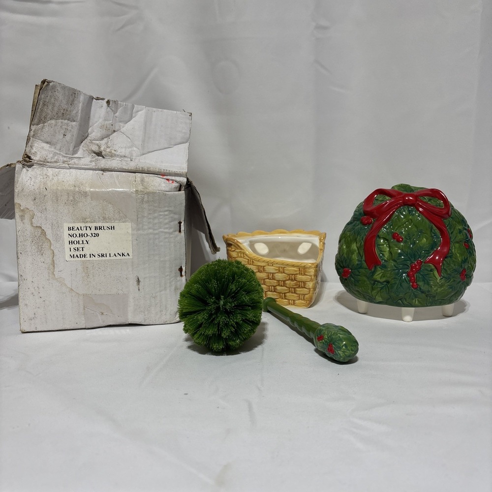 VTG 1998 Bathelle Christmas Toilet Brush Holder & Brush Ceramic Holiday New‎